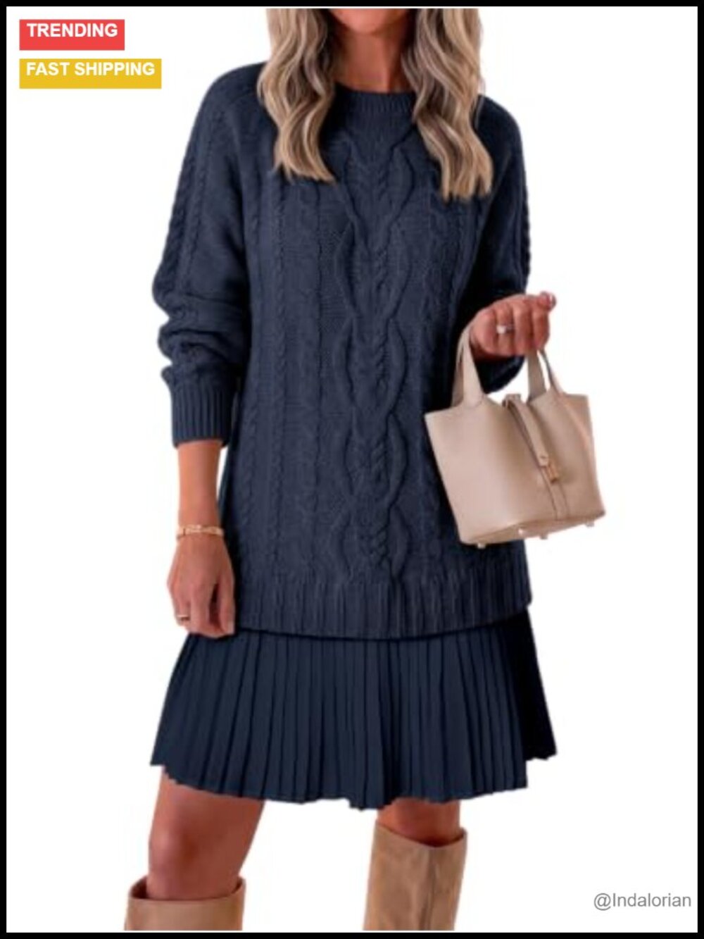 Cable Knit Sweater Dress Pleated Long Sleeve Crewneck Mini Preppy Fall Chunky
